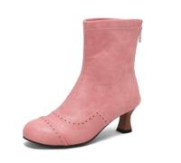Eestfy Women's Vintage Mid Calf Leather Boots Perforated Wooden Kitten Heel Retro Casual Autumn Work Shoes,Pink,16 UK