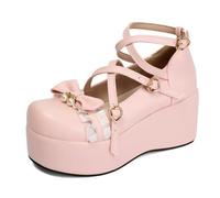 Eestfy Women's Wedge Platform Mary Jane Shoes Bow Cross Strap Round Toe Pumps Dress Heels for Daily Wear & Party PU,Pink,7 UK