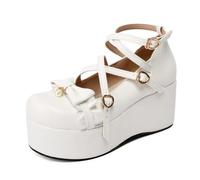 Eestfy Women's Wedge Platform Mary Jane Shoes Bow Cross Strap Round Toe Pumps Dress Heels for Daily Wear & Party PU,White,12 UK