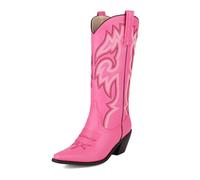 Eestfy Womens Western Boots Cowgirl Knee High Leather with Embroidered Pattern Pointed Toe Block Heel for Honky Tonk Nights,Pink,2 UK