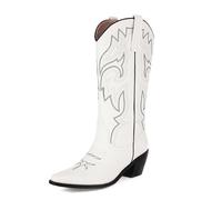 Eestfy Womens Western Boots Cowgirl Knee High Leather with Embroidered Pattern Pointed Toe Block Heel for Honky Tonk Nights,White,11 UK