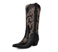 Eestfy Womens Western Boots Cowgirl Knee High Leather with Embroidered Pattern Pointed Toe Block Heel for Honky Tonk Nights,Black,9 UK