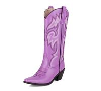 Eestfy Womens Western Boots Cowgirl Knee High Leather with Embroidered Pattern Pointed Toe Block Heel for Honky Tonk Nights,Purple,9 UK