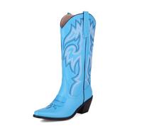 Eestfy Womens Western Boots Cowgirl Knee High Leather with Embroidered Pattern Pointed Toe Block Heel for Honky Tonk Nights,Blue,3 UK