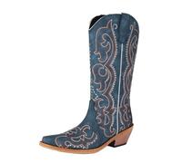 Eestfy Women's Western Cowboy Boots Knee High Embroidery Fashion Pointed Toe Chunky Block Heel Riding Boots for Country Concert, Rodeo & Autumn Winter,Blue,7 UK