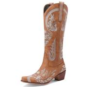 Eestfy Women's Western Cowboy Boots Pull On Side Zipper Block Heel Silver Totem Embroidery High Shaft Pointed Toe Knee Boots for Country Concert & Rodeo,Brown,9 UK