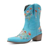 Eestfy Women's Western Floral Cowboy Boots Black Leather Embroidered Flowers Mid Calf Wooden Stacked Heel for Country Concert Festival Streetwear and Fall Winter Outfits,Blue,8 UK