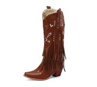 Eestfy Women's Western Fringe Knee High Cowboy Boots Block Heel Geometric Cutout Detail Retro Country Fashion Festival Daily Wear Comfortable Riding Walking,Brown,9 UK
