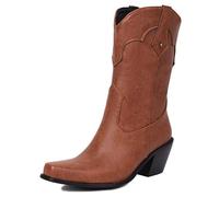 Eestfy Women's Western Style Mid-Calf Boots Chunky Heel Square Toe Simple Design Cowboy Boots for Casual Outing & Streetwear Wide Size,Tan,10 UK