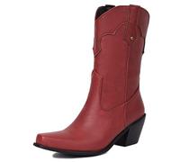 Eestfy Women's Western Style Mid-Calf Boots Chunky Heel Square Toe Simple Design Cowboy Boots for Casual Outing & Streetwear Wide Size,Red,10 UK