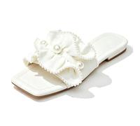 Eestfy Women's White Square Toe Flat Slide Sandals with Pearl Bow | Pearl bow detail,ruched upper,rubber sole,open back,summer holiday wear