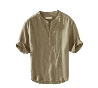 Eesuei Linen Short Sleeve Shirt for Men Summer Japanese Pullover Tops Male Thin Slim Fit Button Up Retro Clothes 1701 Gray XS