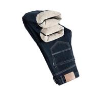 Eesuei Winter Lamb Fluff Denim Straight Pants Men Thicken Jeans High Waist Stretch Jeansy Fleece Lined Warm Slim Vaqueros 070-H 34
