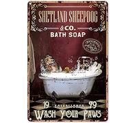 Eeypy Bathroom Decoration Funny Red Supine Bath Soap Shetland Sheepdog Wash Your Paws Tin Sign Decoration Vintage Chic Metal Poster Wall Decor Art Gift for Kids Farmhouse Shelves 16x12 inch