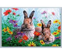 Eeypy Metal Wall Plaque Hare Rabbits Bunny in Summer Garden Flowers Retro Tin Sign Metal Plate