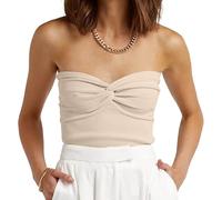 EFAN Womens Tube Tops Summer Sweater Twist Knot Front Knit Bandeau Strapless Ribbed Sleeveless Y2K Corset Crop Top, Apricot, XS