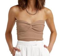 EFAN Women's Twist Knot Front Knit Tube Crop Tank Top Sexy Off Shoulder Strapless Ribbed Sleeveless Y2K Bustier Corset Top, Khaki, X-Large