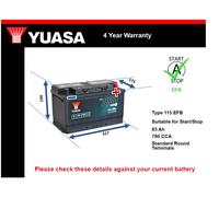 EFB Battery fits ALPINE A110 1.8 2017 on Stop Start Yuasa 115 EFB 760A 85Ah New