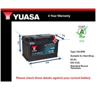 EFB Battery fits KIA PICANTO 1.2 11 to 17 Stop Start Yuasa 100 EFB 650A 65Ah New