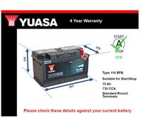 EFB Battery fits LEXUS LC500 5.0 2016 on Stop Start Yuasa 110 EFB 730A 75Ah New