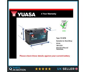 EFB Battery fits VAUXHALL ASTRA 1.6D 2015 on Stop Start Yuasa 115 EFB 760A 85Ah
