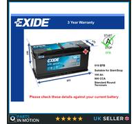 EFB Car Battery EL1000 Exide 019 EFB 900A 100Ah 3Yr WTY 353x175x190 Start Stop