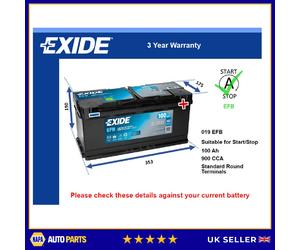 EFB Car Battery EL1000 Exide 019 EFB 900A 100Ah 3Yr WTY 353x175x190 Start Stop