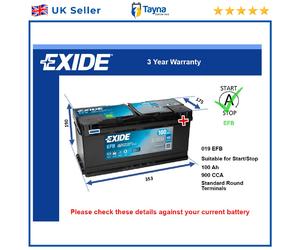 EFB Car Battery EL1000 Exide 019 EFB 900A 100Ah 3Yr WTY 353x175x190 Start Stop