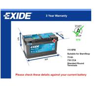 EFB Car Battery EL752 Exide 110 EFB 730A 75Ah 3Yr WTY 315x175x175 Start Stop