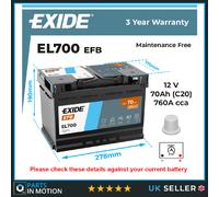 EXIDE EL700 096 EFB Stop / Start Car Battery 12V 70AH 720CCA