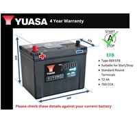 EFB Car Battery YBX7031 Yuasa 069 EFB 760A 72Ah 4Yr WTY 220x225x173 Start Stop