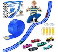 EFCRBS Flexible Race Track for Kids,15 Ft Flex Race Car Ramp Track with 6 Cars & 10 Suction Cups, Rolls Up Portable Dual Racetrack Compatible with Diecast 1/64th Cars, Birthday Gifts for Boys Girls
