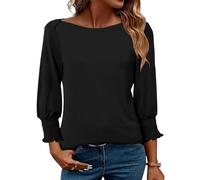 EFFAN Black Tops for Women Solid Shirts Round Neck 2025 Summer 3/4 Long Sleeve Tunic Blouse Basic Casual Business Tops