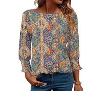 EFFAN Boho Tops for Women 3/4 Sleeve Fashion 2025 Summer Dressy Tunic Blouses Crew Neck Floral Casual Lightweight Shirts