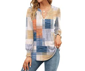 EFFAN Ladies Long Sleeve Tops V Neck Long Sleeve Elegant the Holiday Shirt Party Floaty Tunic Blouse Plus Size, Colorful Plaid XXL (UK 20-22)