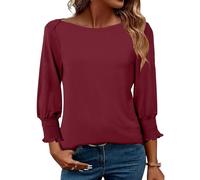 EFFAN Wine Red Tops for Women Solid Shirts 3/4 Long Sleeve Summer 2025 Boat Neck Tunic Blouse Basic Casual Business Tops