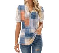 EFFAN Women Tops Short Sleeve V Neck T Shirts Casual Floral Printed Longline Fashion Tunic My Orders Ladies Blouse Colorful Check XL (UK 18-20)