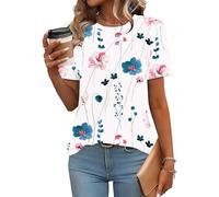 EFFAN Womens Summer Pleated Plain Tops Short Sleeve Casual T-Shirts Black Ladies Elegant Dressy Loose Fit Blouses UK, Red Blue Floral,M