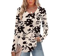 EFFAN Womens Tops Ladies Casual Long Sleeve Blouse Soft V Neck Shirt Fall Loose Fit Pleated Tunics Tops, Apricot Black Floral, XXL