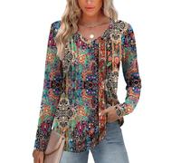EFFAN Womens Tops Ladies Casual Long Sleeve Blouse Soft V Neck Shirt Fall Loose Fit Pleated Tunics Tops, Vintage Nation, XXL