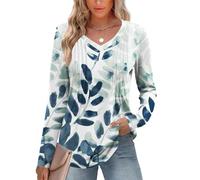 EFFAN Womens Tops Ladies Casual Long Sleeve Blouse Soft V Neck Shirt Fall Loose Fit Pleated Tunics Tops, Gradient Leaf, M