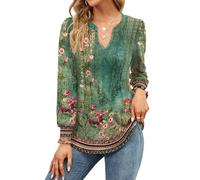 EFFAN Womens Tops V Neck Elegant Long Sleeve Casual T Shirts Xmas Pleated Puff Floaty Floral Printed Tunic Blouse, Floral Green M (UK 12-14)