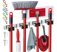 effektivtools Mop and Broom Holder Wall Mount - Self-Adhesive Stainless Steel broom hanger organizer - 4 Clamps, 3 Hooks, 5 Towel Hanging Clips Mounting Screws - Holds Up to 40 Lbs