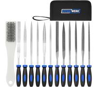 EffektWerk - 12 pc Needle File Set for Wood, Metal, Plastic - 160x4mm Carbon Steel and Diamond Hand Filers - Round, Half Round, Square, Triangle, Flat and Warding Rasps - Cleaning Brush + Tool Case