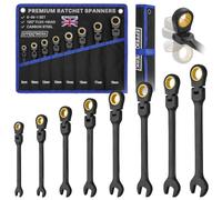 EFFEKTWERK - 8 Pc Flexible Head Ratchet Spanner Set - 8 to 19 mm Metric - Open End Wrench + 180° Flex Head Ratcheting Gear Ring Combination Kit - Carbon + CRV Steel Swivel Wrenches with Roll Pouch