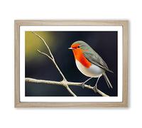 Effervescent Robin Bird H1022 Framed Print for Living Room Bedroom Home Office Décor, Wall Art Picture Ready to Hang, Oak A4 Frame (34 x 25 cm)