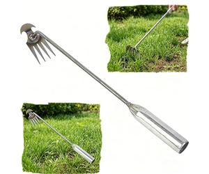 Efficient Manual Garden Weeder Tool - Durable 4-Tine Manganese Steel Root Puller for Easy Weed Removal, Essential Hand Tool for Gardening Enthusiasts (Silver)