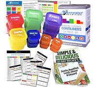 Efficient Nutrition Portion Control Containers DELUXE Kit (14-Piece) with COMPLETE GUIDE + 21 DAY PLANNER + RECIPE eBOOK BPA FREE Color Coded Meal Prep System for Diet and Weight Loss