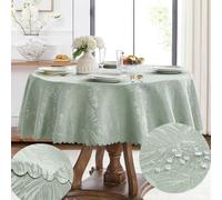 EFFICINATURE Round Tablecloth 60 Inch Table Cloth Green Leaves Pattern Scalloped Edge Silky Soft Fabric Waterproof Wrinkle Free Washable Table Cover for New Years Dinning Outdoor Party Decoration