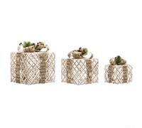 EffiFish Metal Plush Present Boxes 26cm Warm White LED(Curry White) | Large 26cm, medium 21cm, small 16cm, silver ribbon bow, sturdy iron construction, indoor outdoor use